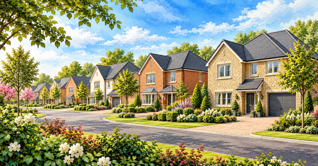 Artistic illustration of modern new build homes at The Fairways