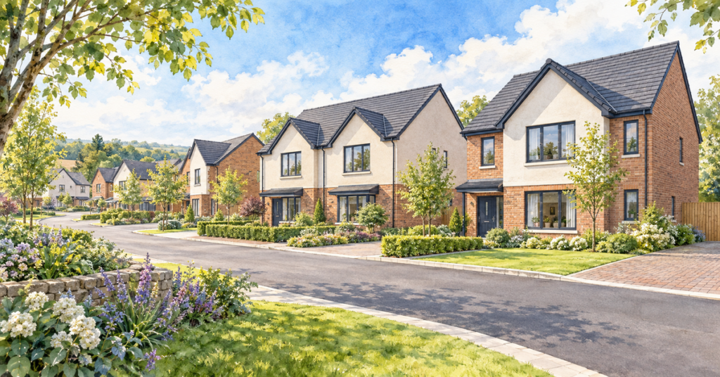 Artistic illustration of modern new build homes at Whiteburn Place