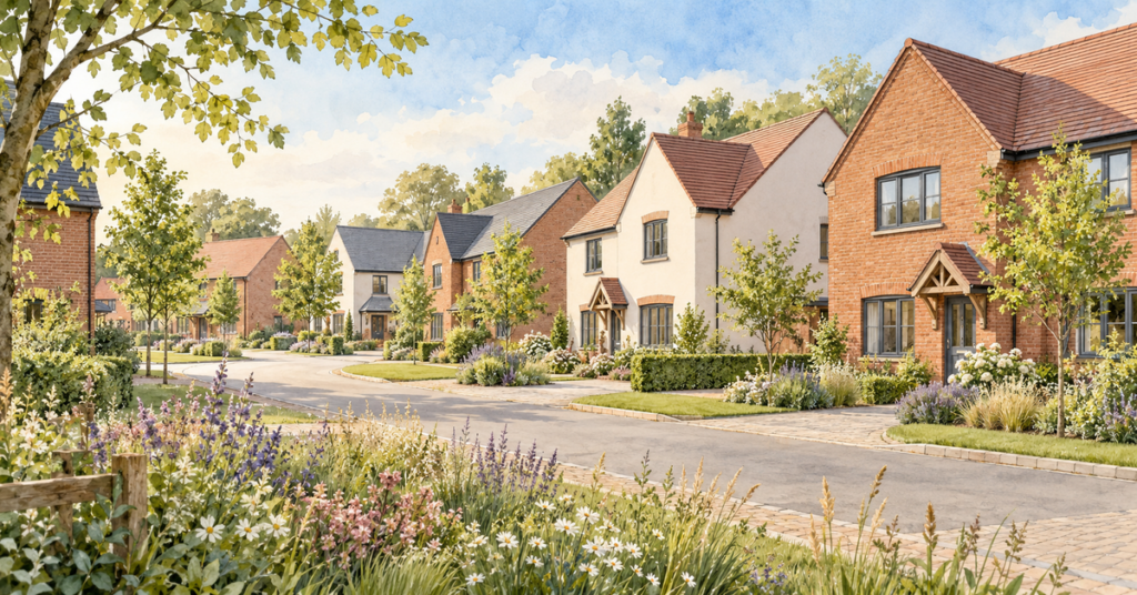 Artistic illustration of modern new build homes at Beaconsfield Park