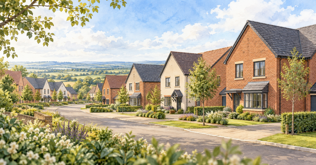 Artistic illustration of modern new build homes at The Maples