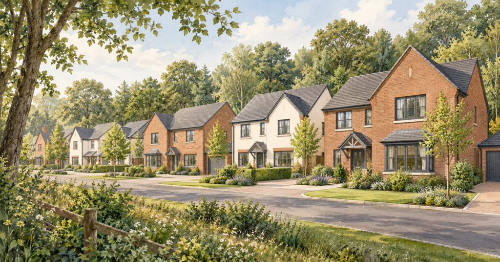 Artistic illustration of modern new build homes at The Woodlands