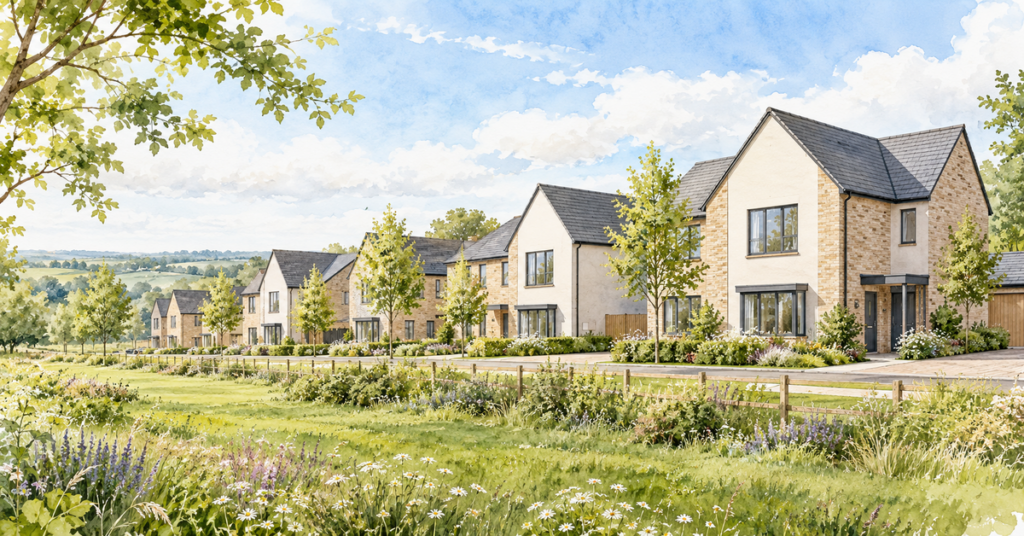 Artistic illustration of modern new build homes at Heathwood at Brunton Rise