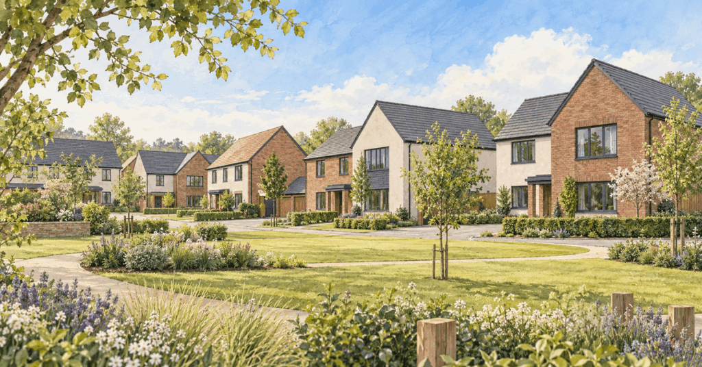 Artistic illustration of modern new build homes at Kenton Bank Meadows