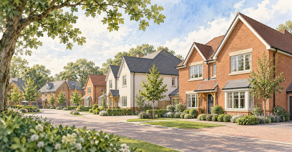 Artistic illustration of modern new build homes at Woolsington Grange Phase 2