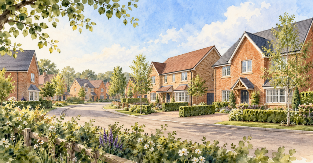 Artistic illustration of modern new build homes at Oakwood Grange