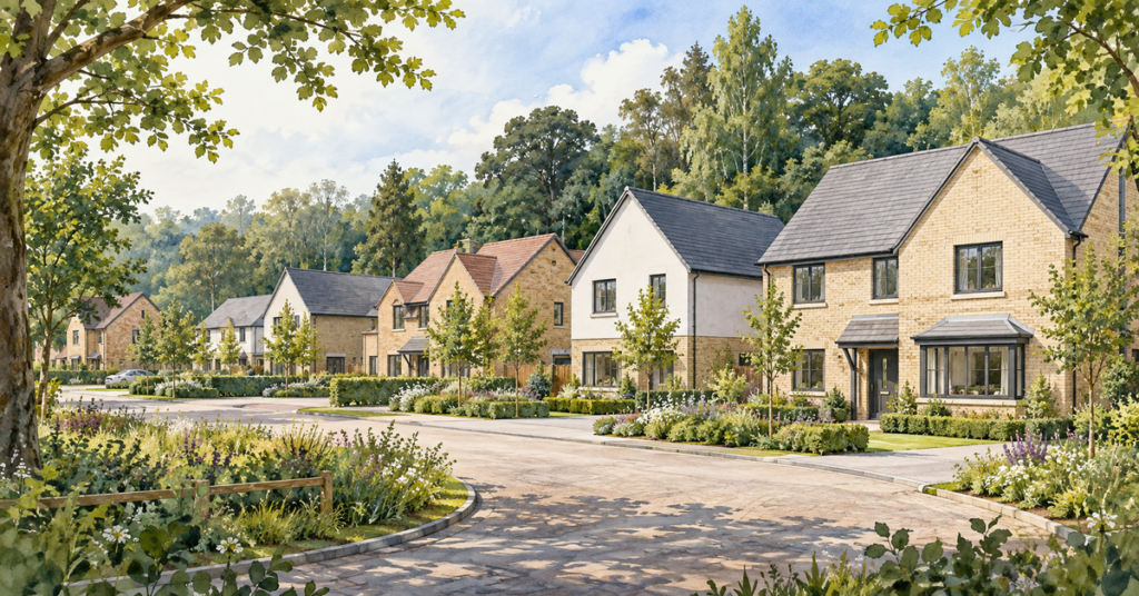 Artistic illustration of modern new build homes at Foxfields