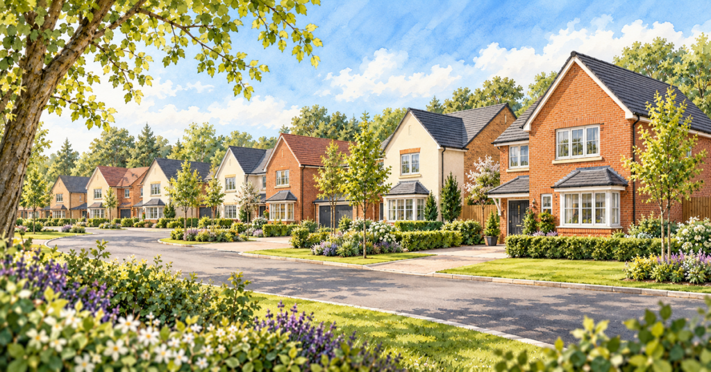 Artistic illustration of modern new build homes at Woodland Edge