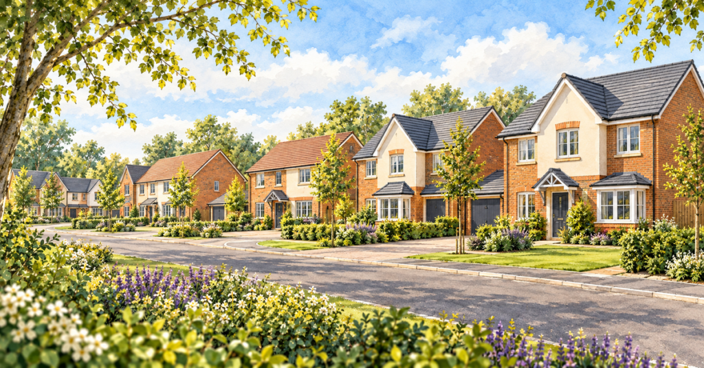 Artistic illustration of modern new build homes at Western Grange