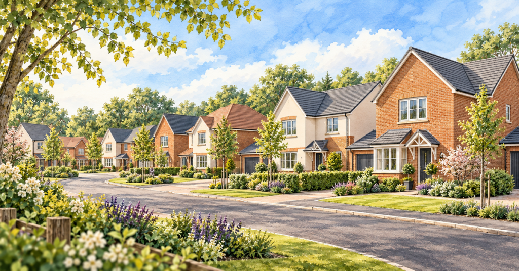Artistic illustration of modern new build homes at Killingworth Gate