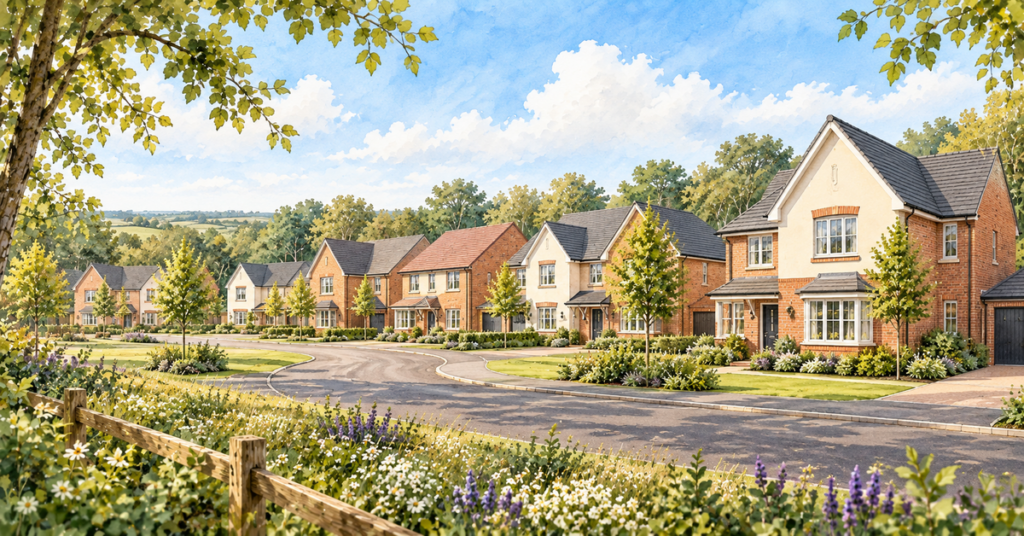 Artistic illustration of modern new build homes at Meadow Hill