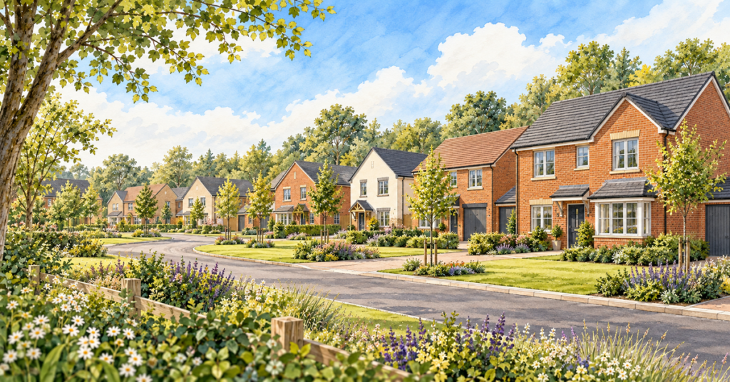 Artistic illustration of modern new build homes at The Rise