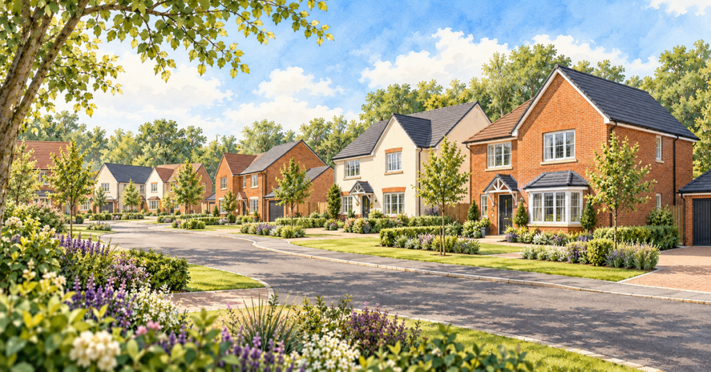 Artistic illustration of modern new build homes at Falcon Grove