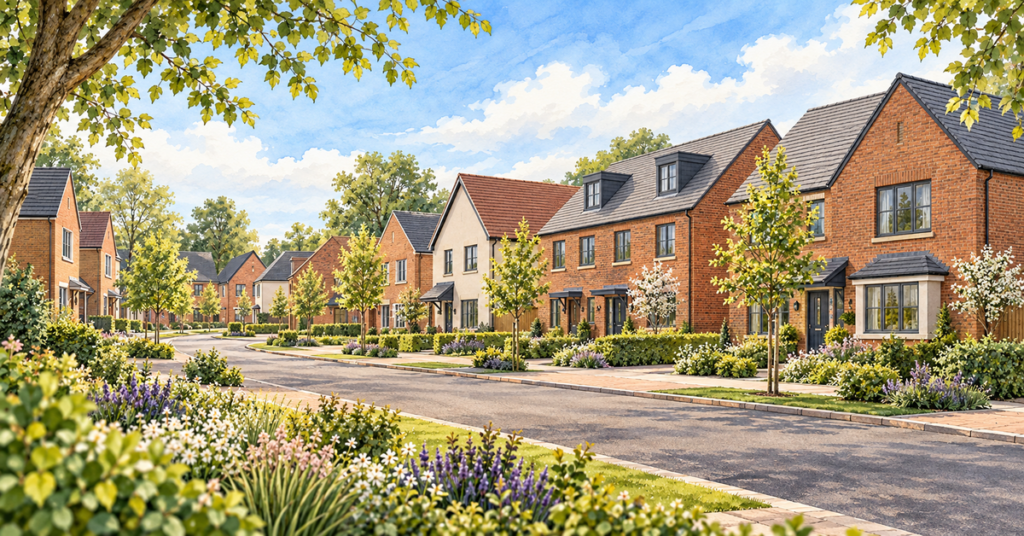 Artistic illustration of modern new build homes at Heaton Quarter