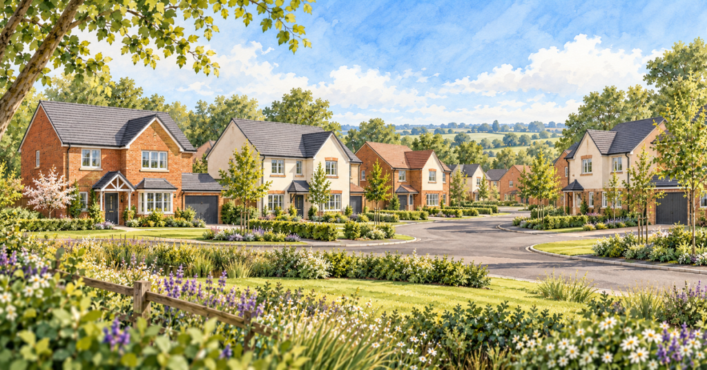 Artistic illustration of modern new build homes at Church View