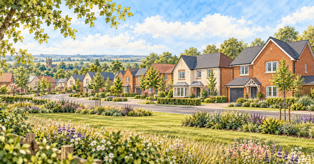 Artistic illustration of modern new build homes at Church Fields