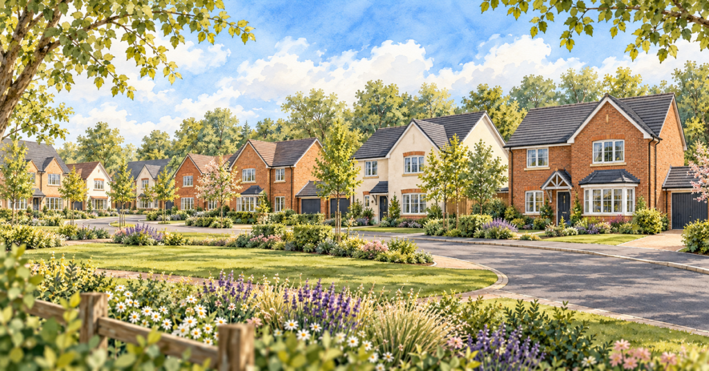 Artistic illustration of modern new build homes at Heritage Green