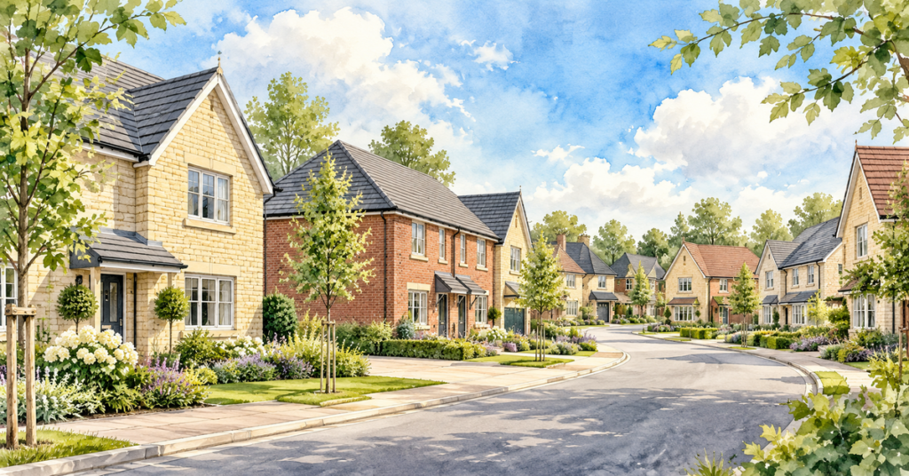 Artistic illustration of modern new build homes at Centurion Chase