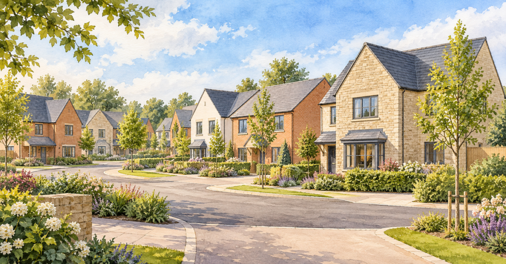 Artistic illustration of modern new build homes at Monkton Gardens