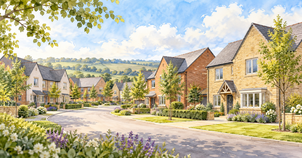 Artistic illustration of modern new build homes at Summerhill View