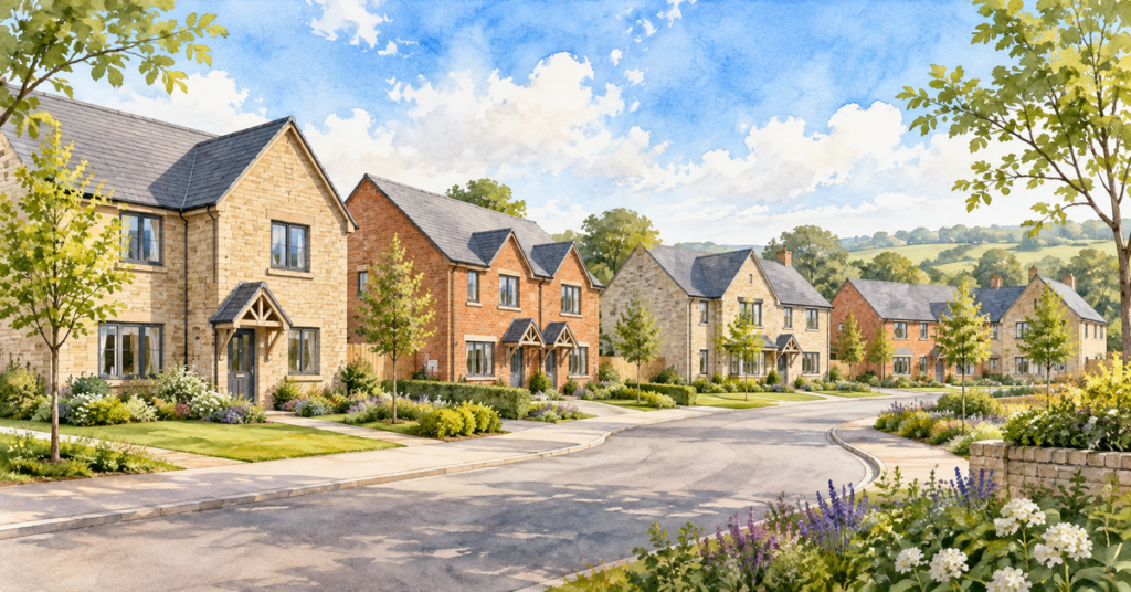 Artistic illustration of modern new build homes at Cottier Grange