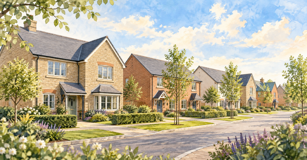 Artistic illustration of modern new build homes at Willow Farm