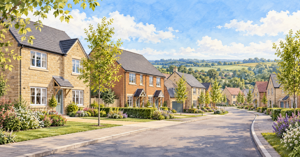 Artistic illustration of modern new build homes at Woodhorn Meadows