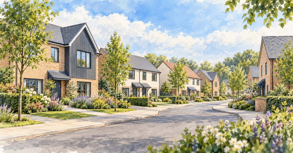 Artistic illustration of modern new build homes at Woodside Gardens
