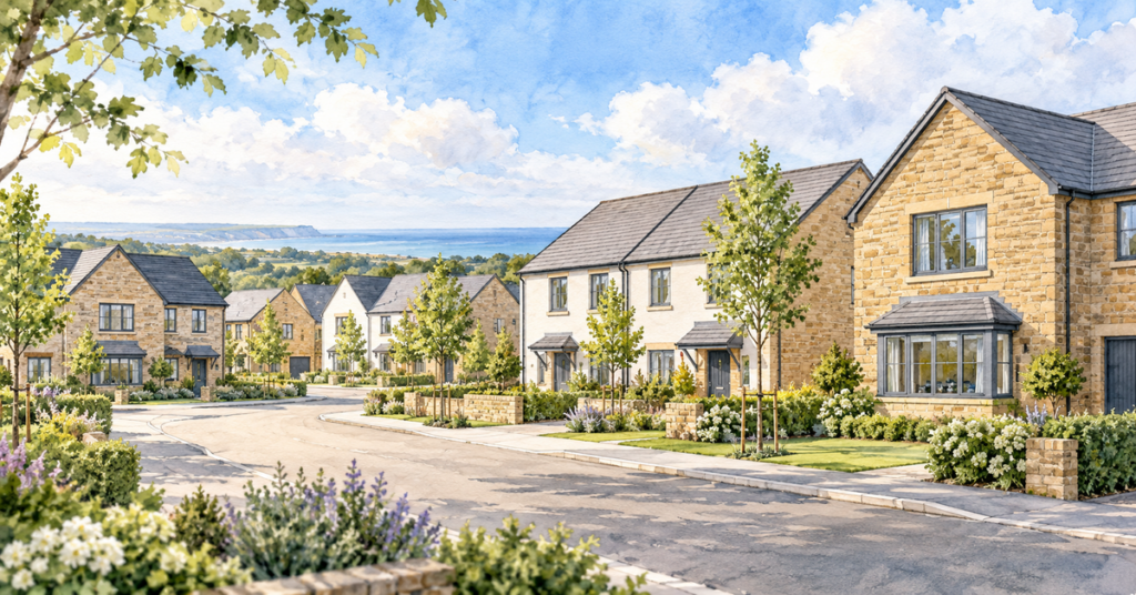 Artistic illustration of modern new build homes at Hauxley View