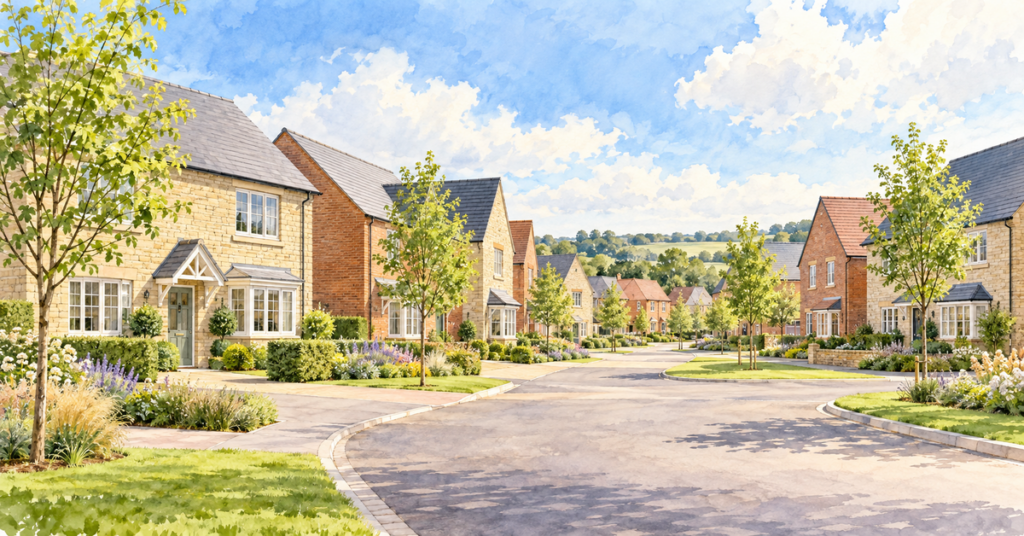 Artistic illustration of modern new build homes at Meadowcroft