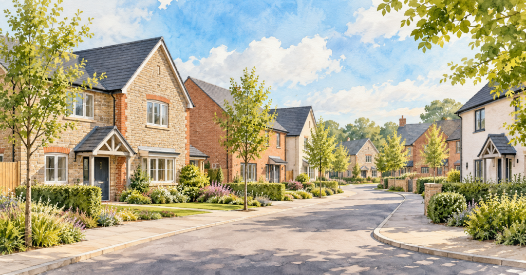 Artistic illustration of modern new build homes at Wayside Point