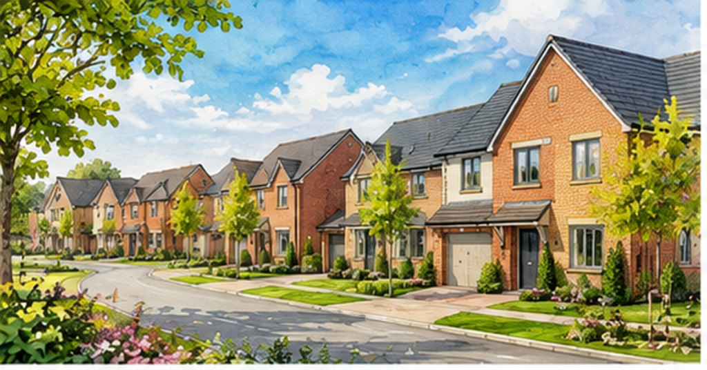 Artistic illustration of modern new build homes at Sandstone Close