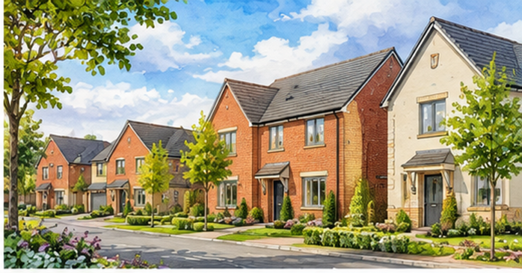 Artistic illustration of modern new build homes at The Paddocks