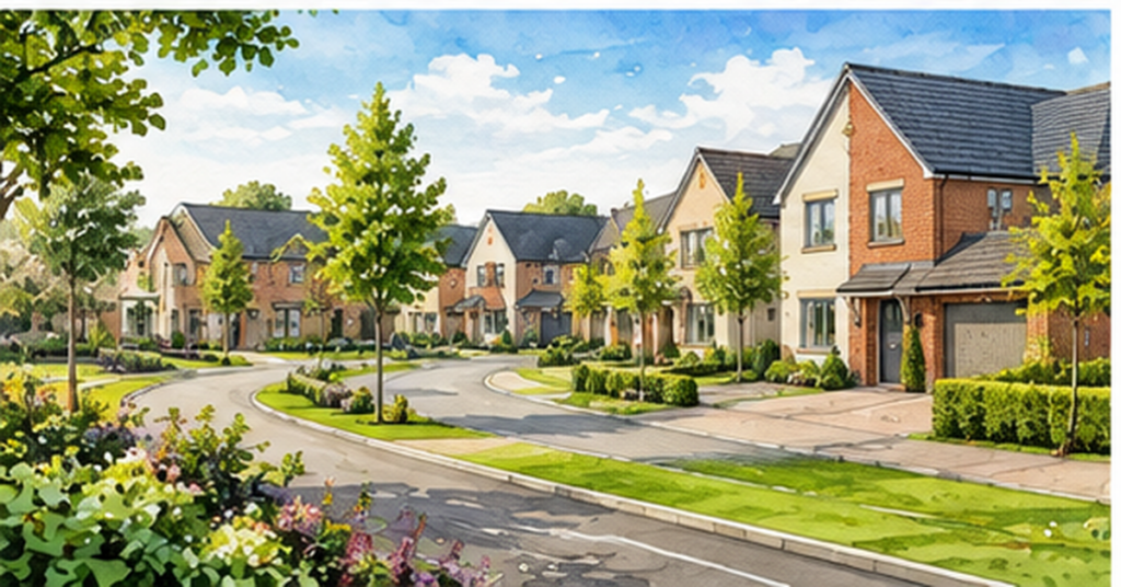Artistic illustration of modern new build homes at Riverbrook Gardens