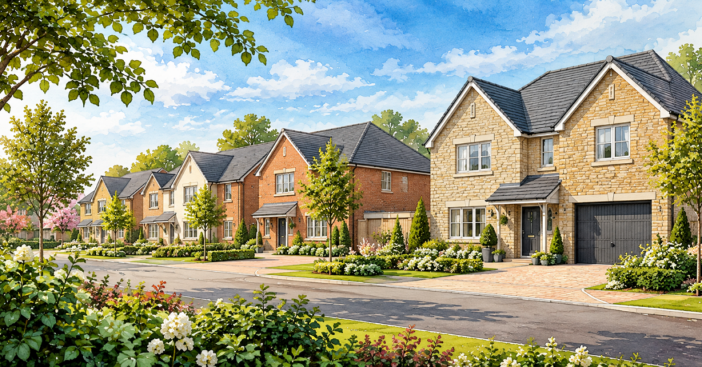Artistic illustration of modern new build homes at Hartford Edge