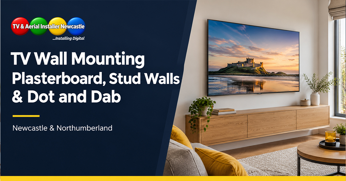 TV wall mounting on plasterboard, stud walls and dot and dab, illustrated by a wall-mounted television in a modern living room.