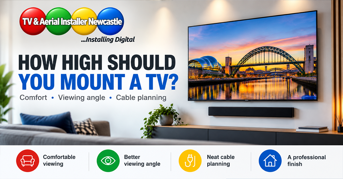 Wall-mounted television positioned at a comfortable viewing height in a living room