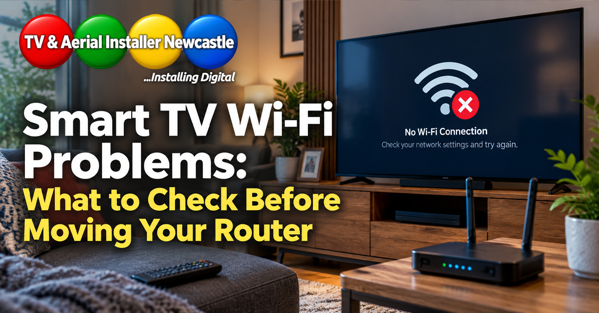 Smart TV showing a Wi-Fi connection problem beside a home router