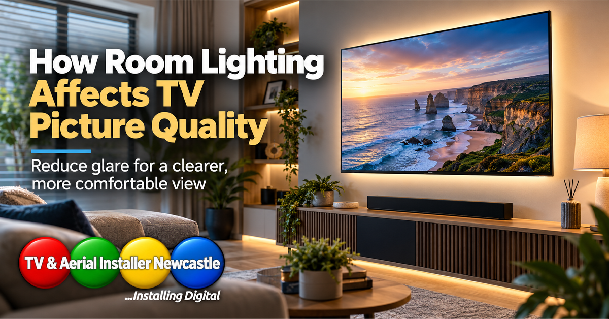 Wall-mounted television in a softly lit living room illustrating TV glare and room lighting planning