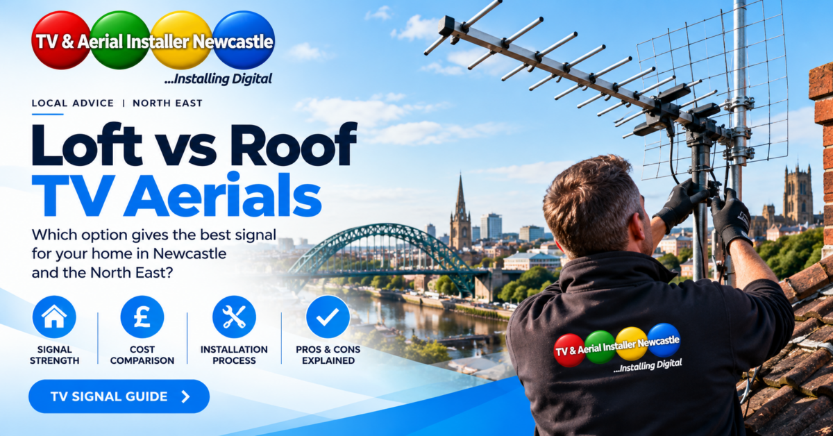 Loft versus roof TV aerials in Newcastle, with an installer adjusting a rooftop aerial overlooking the Tyne Bridge