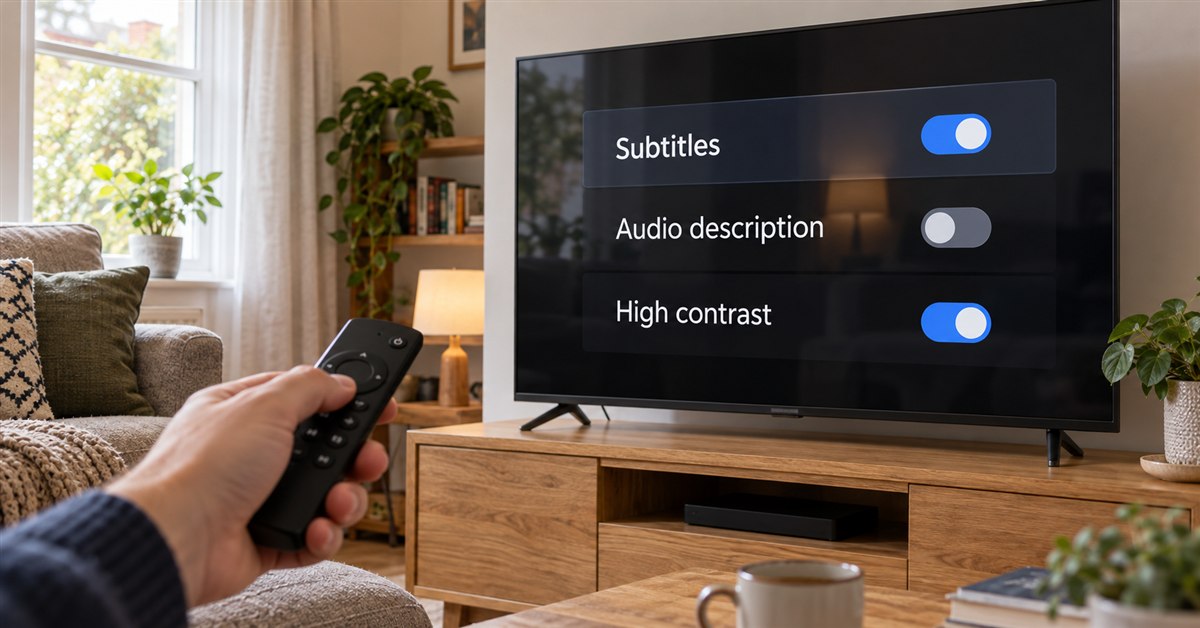 Hand holding a remote beside a television showing subtitles, audio description and high contrast settings.