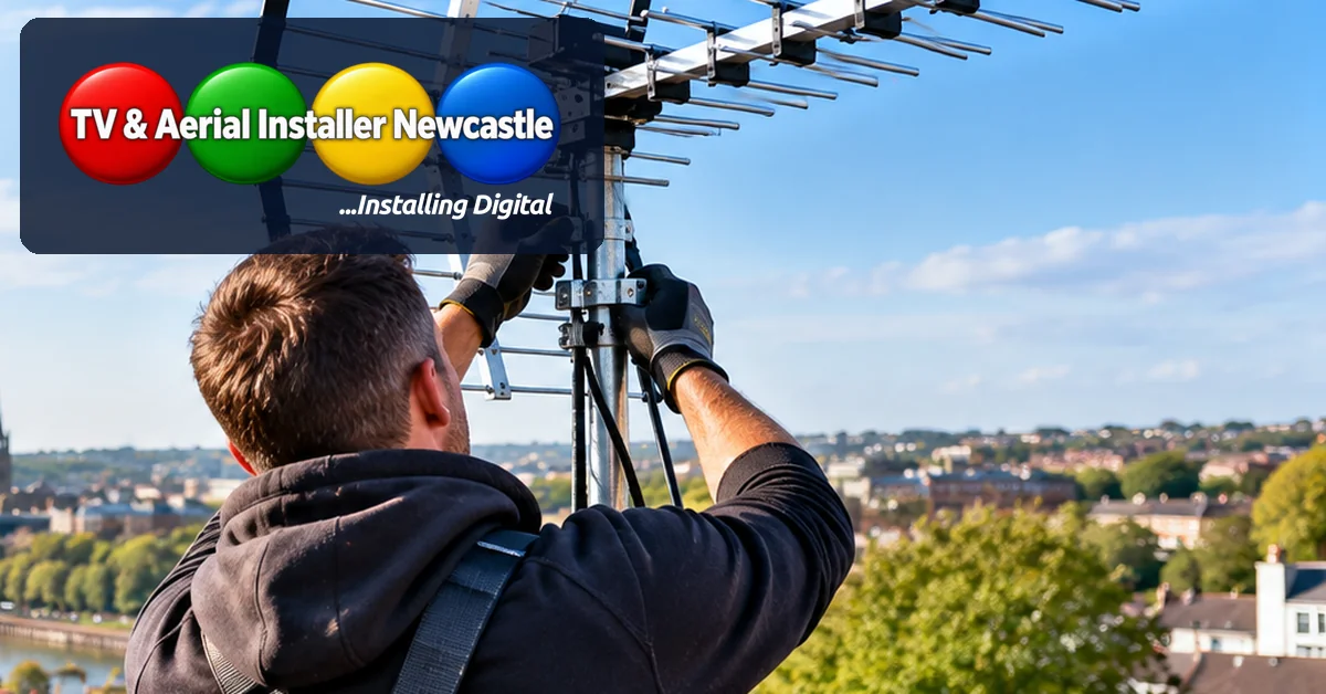 TV aerial installer adjusting a rooftop aerial overlooking Newcastle, with official TV and Aerial Installer Newcastle logo
