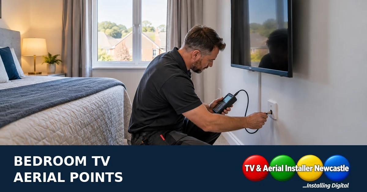 TV aerial installer testing a bedroom coaxial wall outlet beside a wall-mounted television, with TV and Aerial Installer Newcastle branding