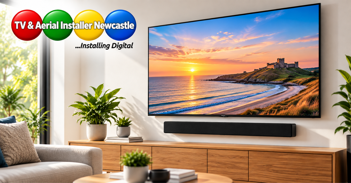 Wall-mounted television with neatly arranged cables and soundbar in a living room