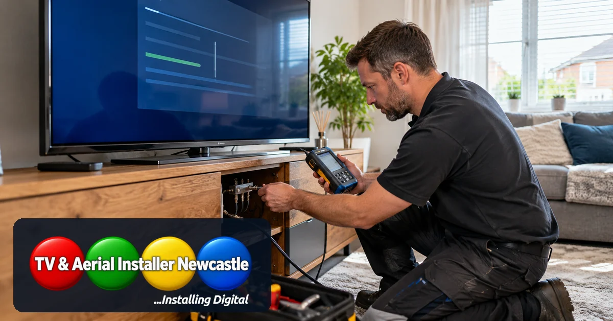 TV aerial technician testing a coaxial connection and signal quality beside a television in a Newcastle home, with the official TV and Aerial Installer Newcastle logo