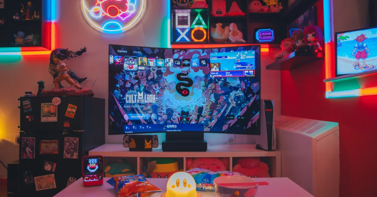 Living room with a large television and connected entertainment equipment