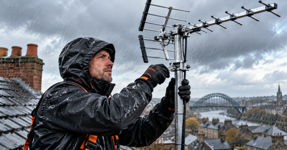 Professional TV aerial installer checking a rooftop aerial in windy, rainy weather