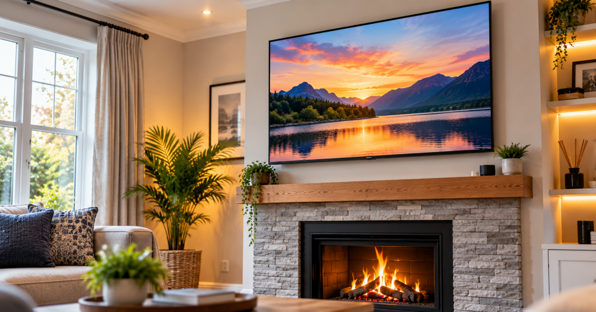 Large television wall-mounted above a stone fireplace in a modern living room